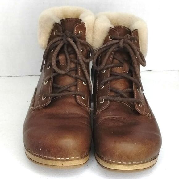 Dansko Bailee Lace Up Bootie size 38 US 7.5 8 brown leather fleece trim - Picture 2 of 9